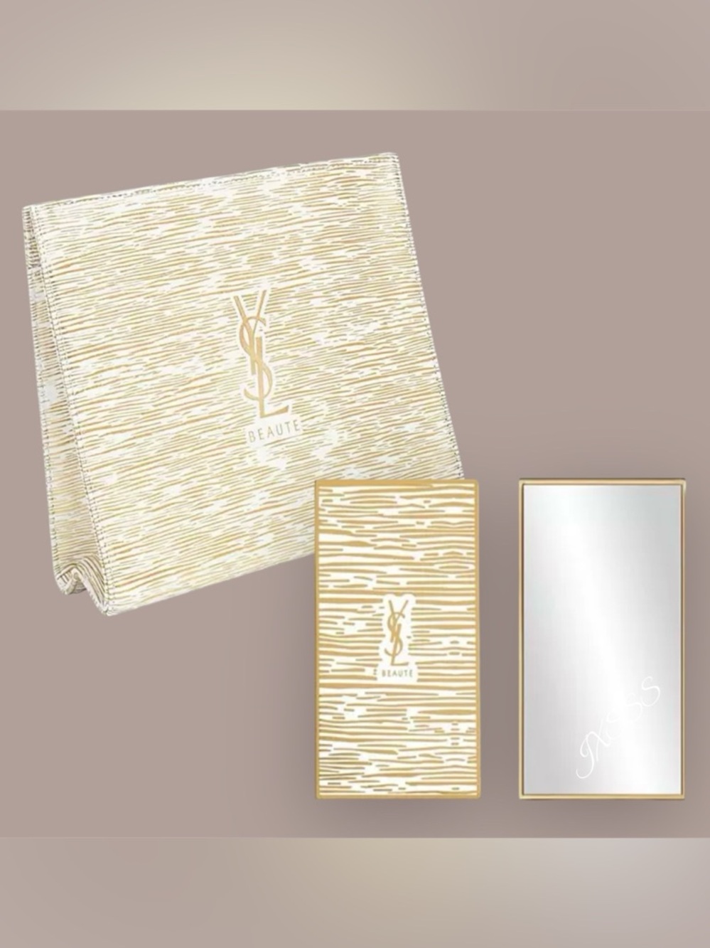 Gold-White YSL (Yves Saint Laurent) Beauty Cosmetic Bag + Compact Mirror SET